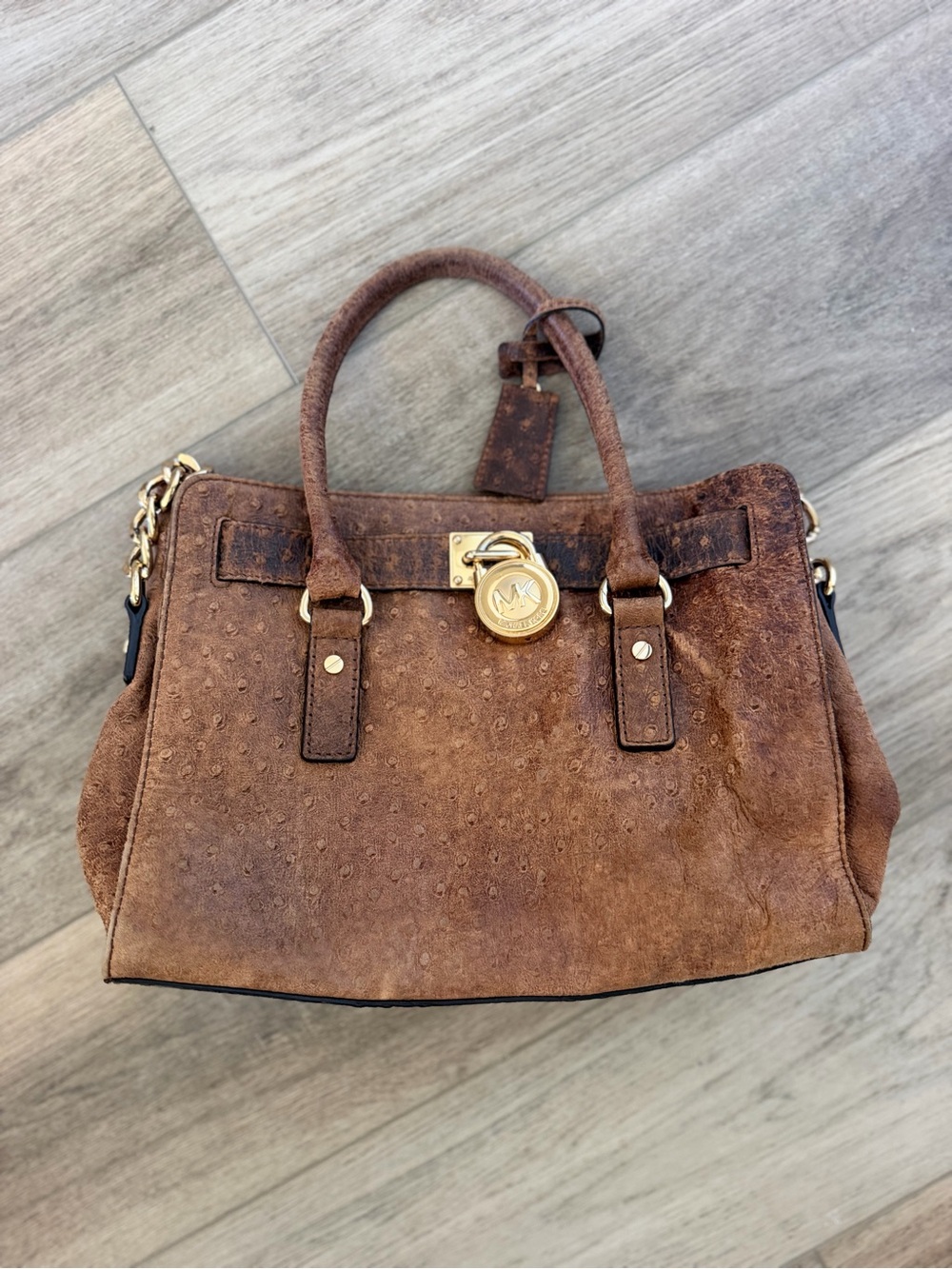Michael Kors Chestnut Ostrich-Texture Satchel with Gold Hardware